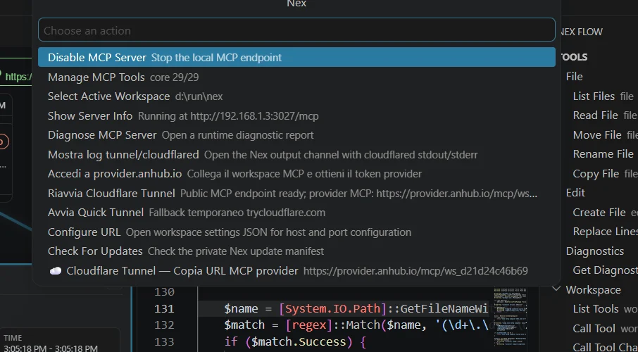 Nex workspace toolbar and operational command surface